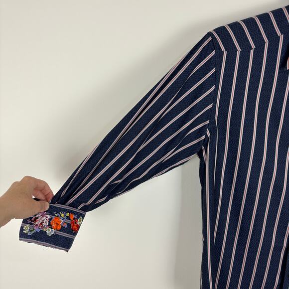 Robert Graham Flip Cuff Floral Embroidered Blue Striped Button Shirt XL cotton - Picture 4 of 11